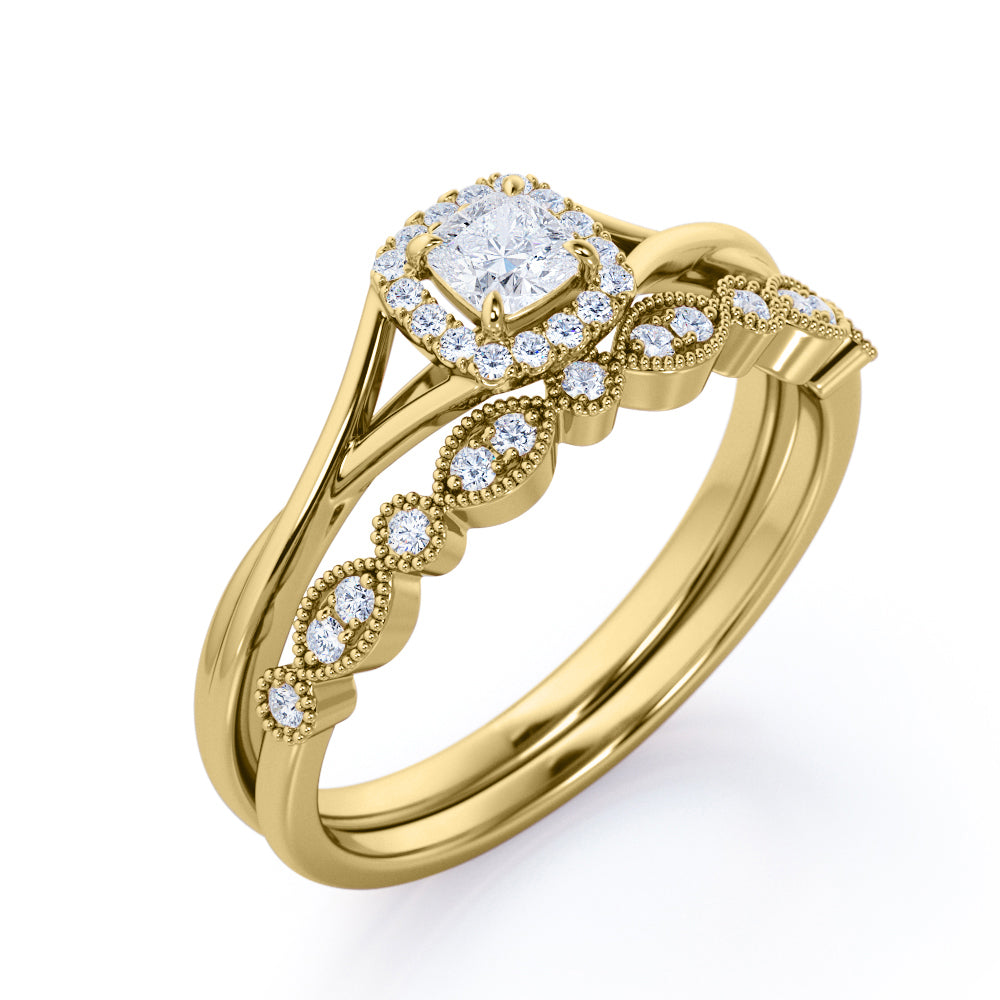 Twisted split shank 0.8 carat Cushion cut Moissanite and diamond milgrain bridal set in White gold