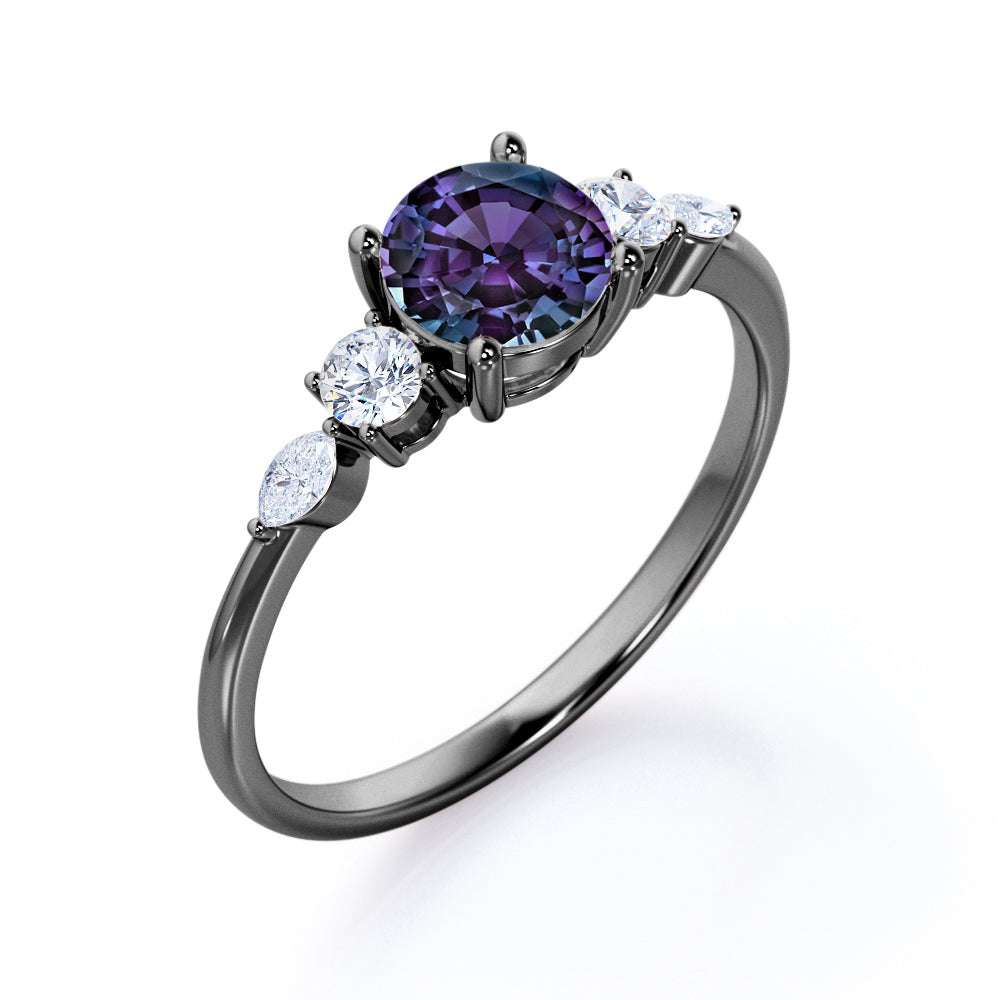 Button Prong style 0.65 carat Round cut Synthetic Alexandrite and diamond five stone engagement ring in White gold