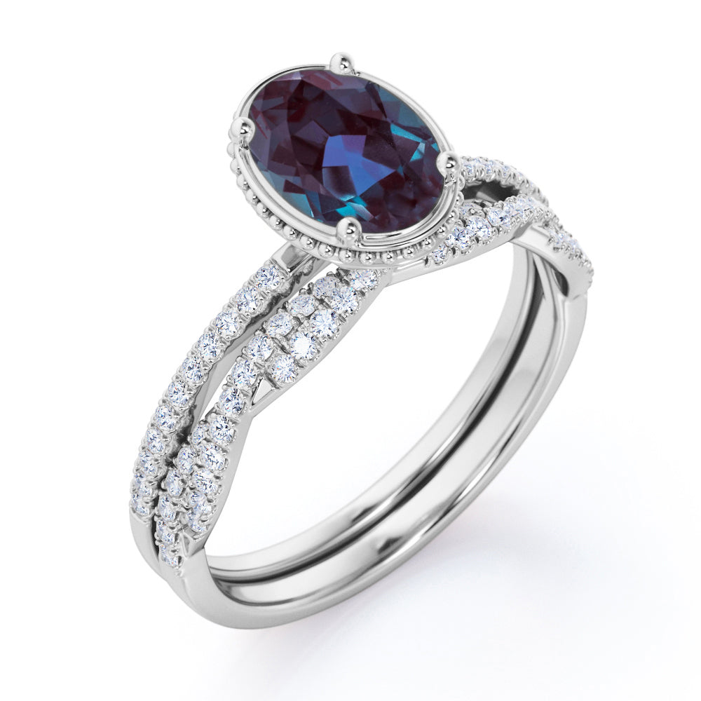 Hidden Halo 1.5 carat Oval cut Lab made Alexandrite and white diamond semi-infinity wedding ring set for women in White gold