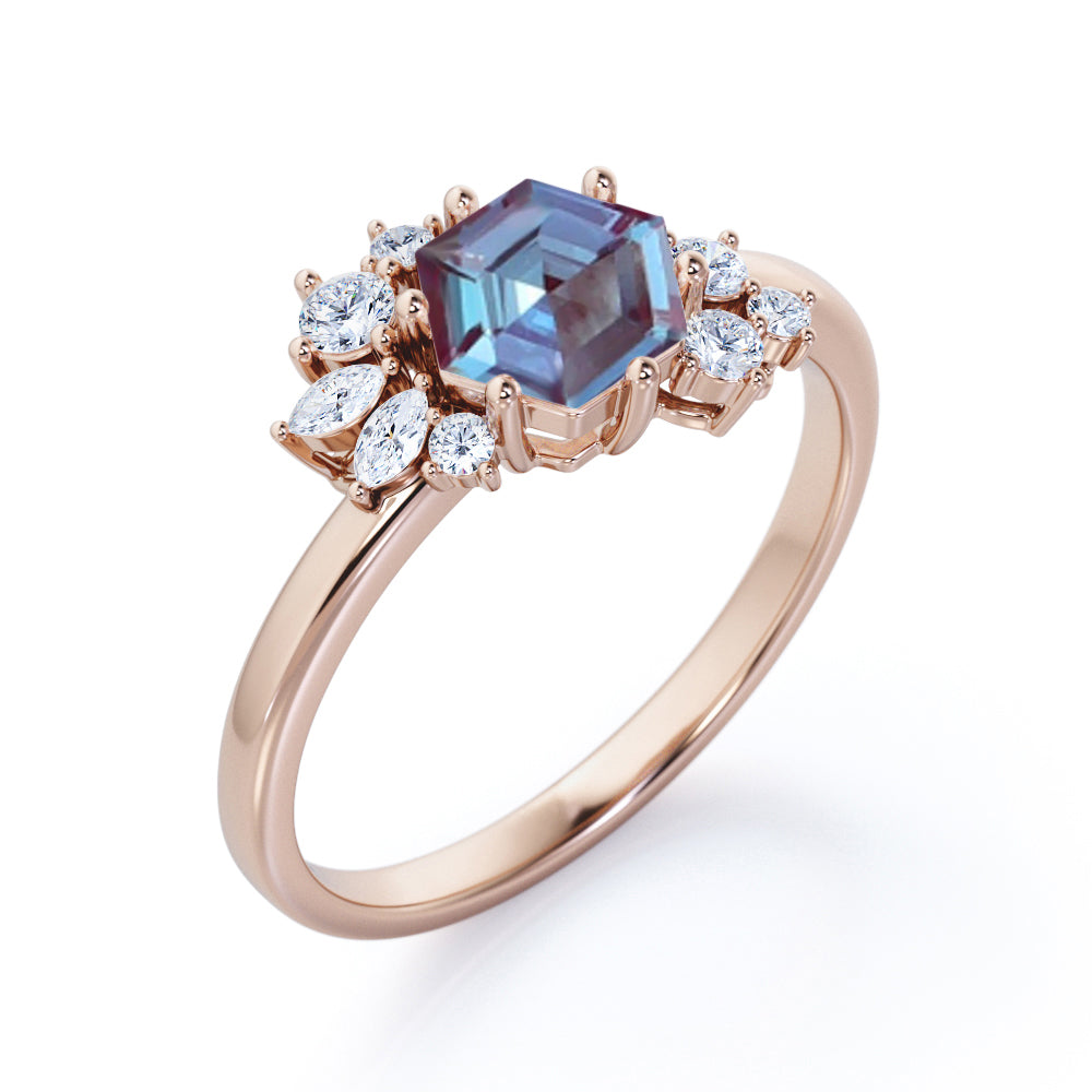 Butterfly style 1.15 carat Hexagon shaped Lab made Alexandrite and diamond marquise and dot engagement ring in Black gold