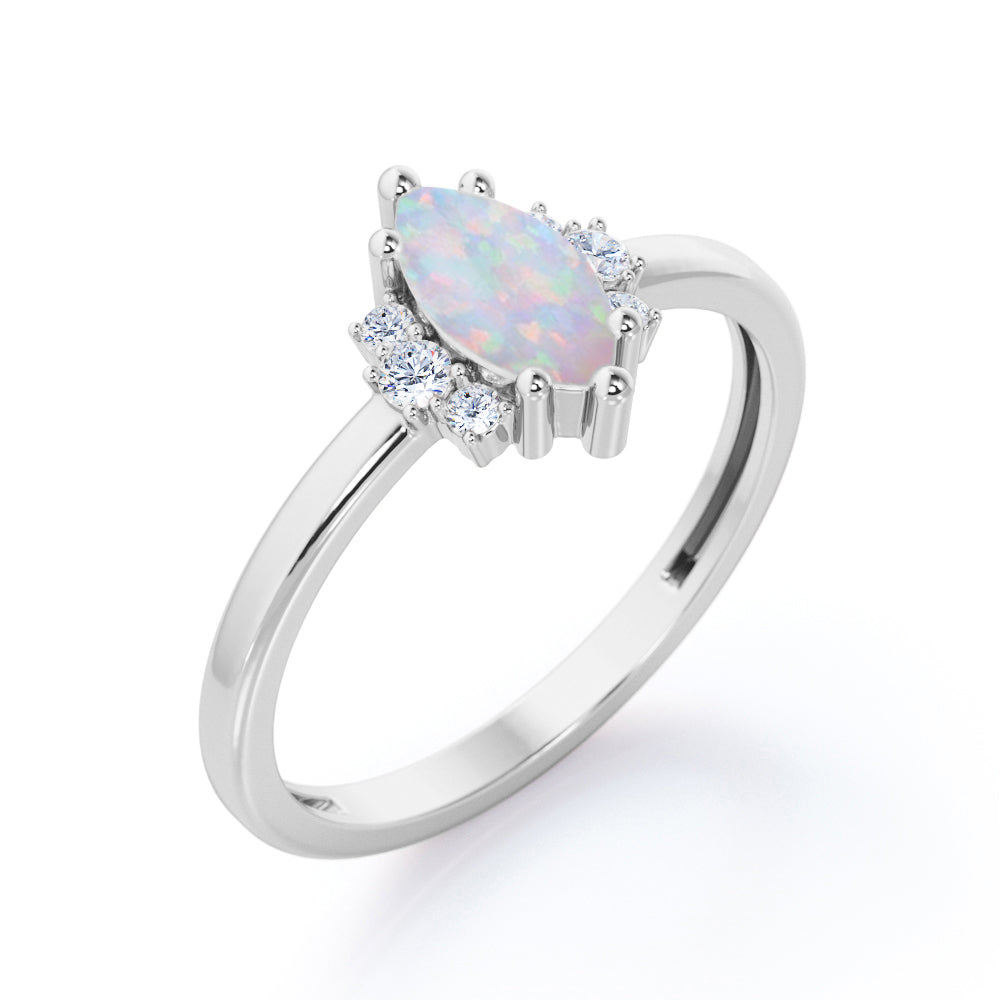 Floral patterns 1.2 carat Marquise shape Ethiopian Opal and diamonds vintage style six prong engagement ring in Black gold