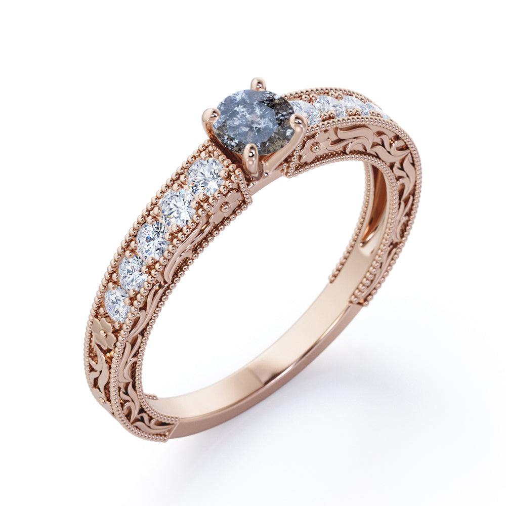 Antique Cathedral 0.7 carat Round cut Salt and pepper diamond scrollwork filigree engagement ring in White gold