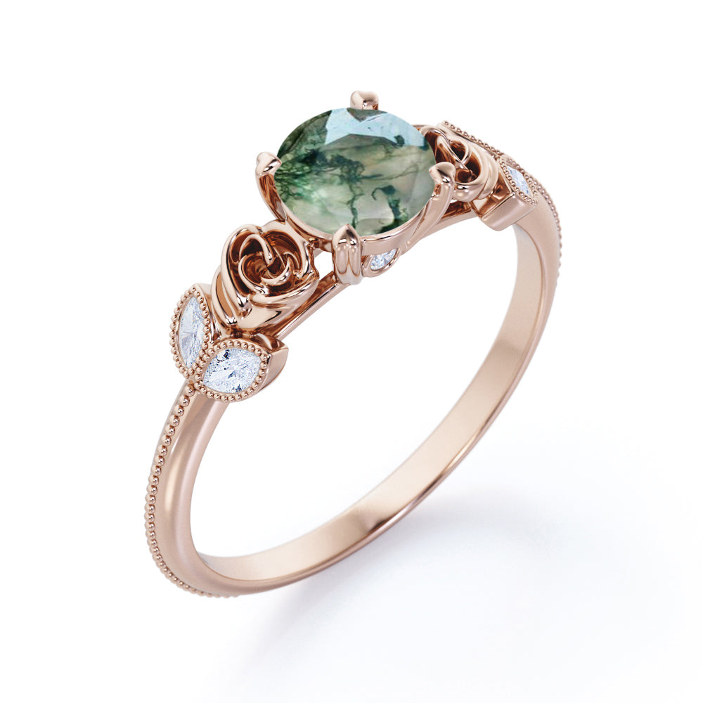 Rose ring-1.15 carat Round cut Moss Green Agate and diamond marquise milgrain engagement ring in Black gold