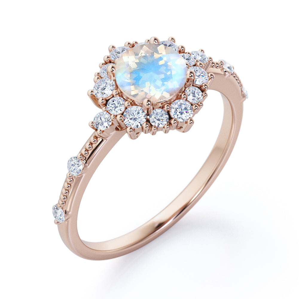 Statement 1.5 carat Round cut Blue Moonstone and diamond snowflake engagement ring in White gold