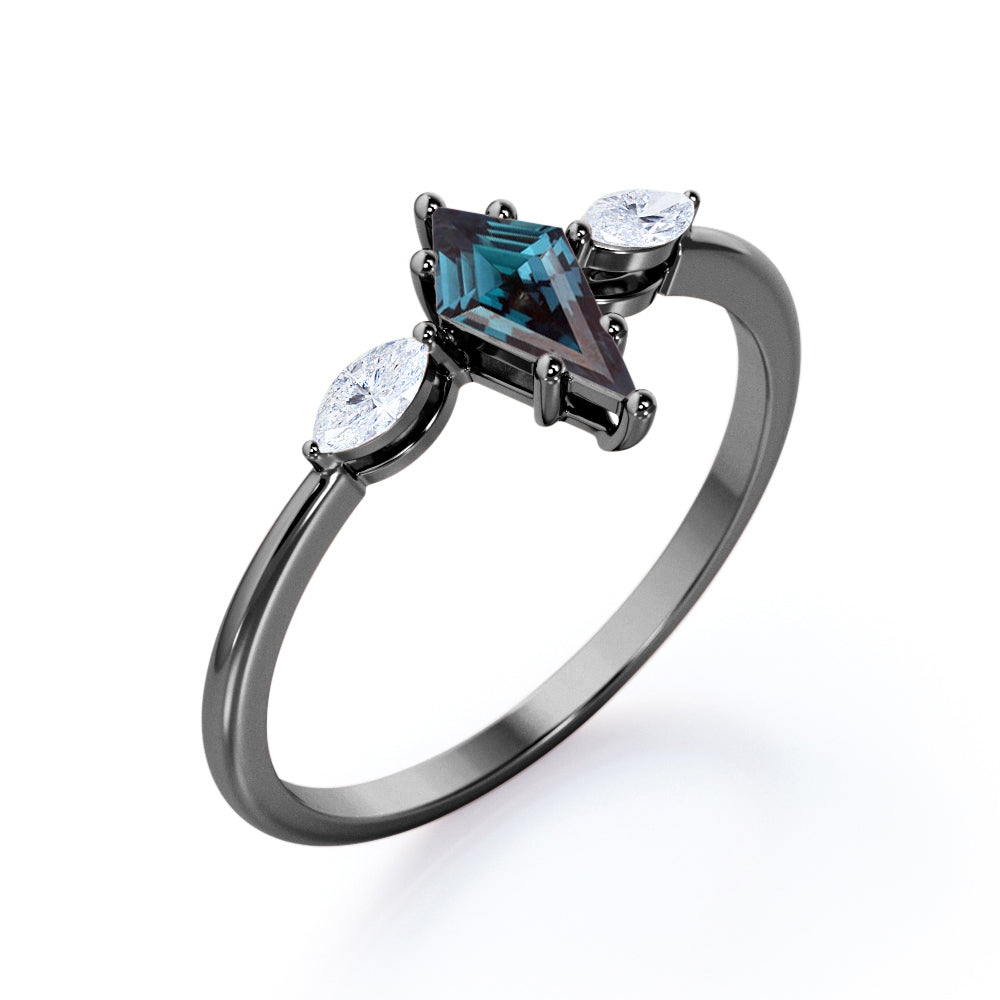 Unique trilogy 1.1 carat Kite shaped Lab created Alexandrite and diamond 6 prong engagement ring in Rose gold