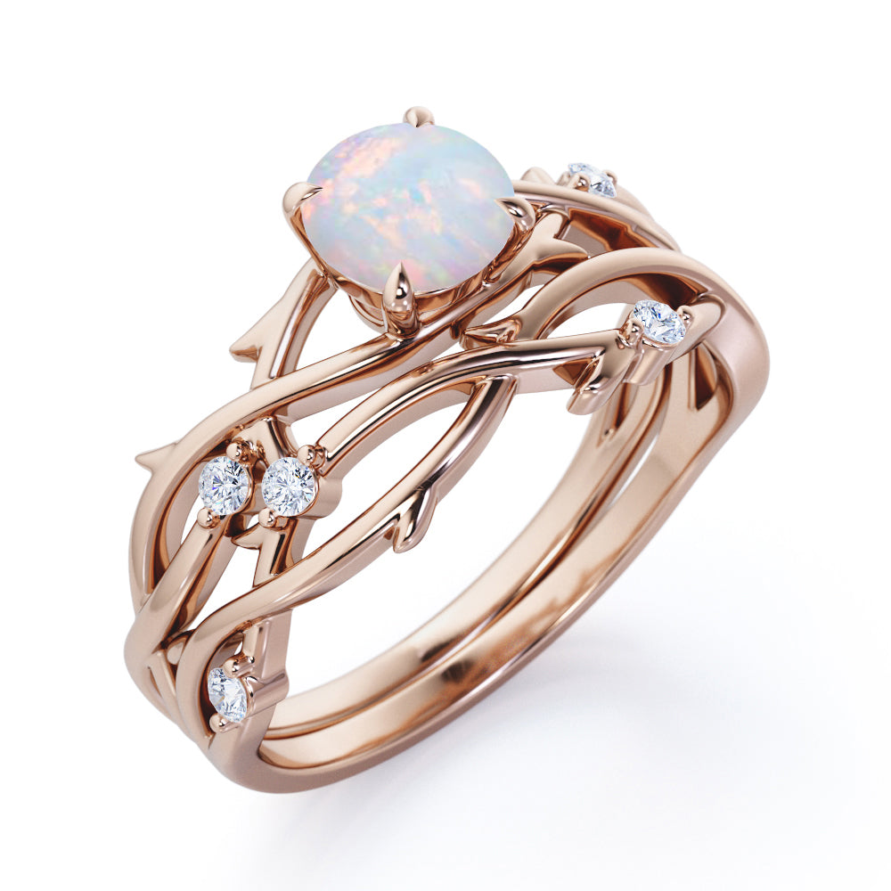 Twisted vine inspired 1 carat Round cut Opal and diamond claw prong wedding ring set for women in Black gold