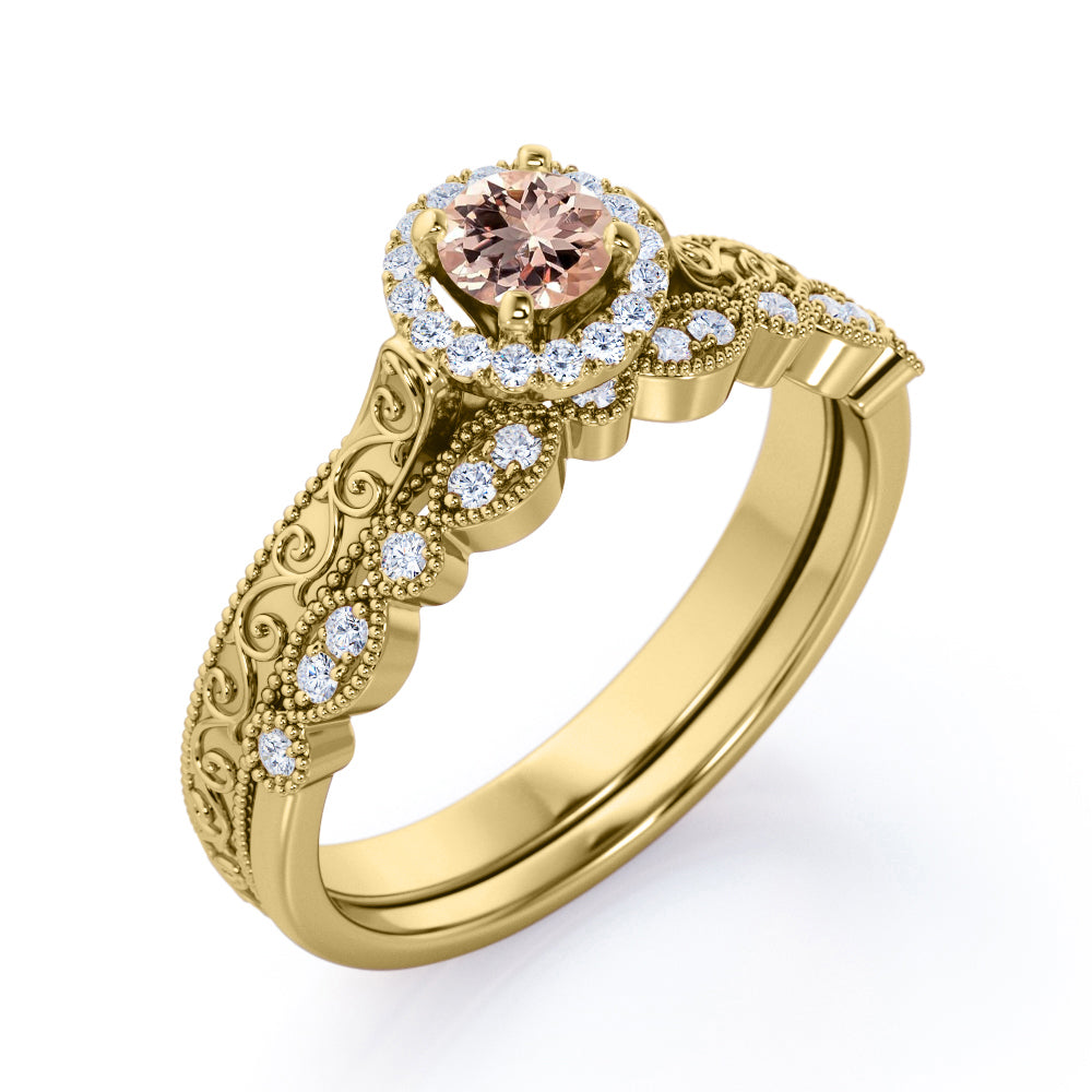 Antique Bridal 1 carat Round cut Morganite and diamond-Filigree and Milgrain-classic halo wedding ring set in White gold