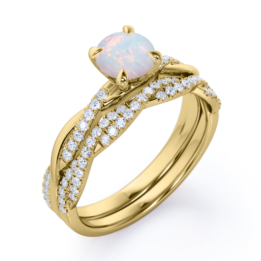 Infinity twist 1.45 carat Round cut natural Ethiopian Opal and diamond Art deco Wedding Bridal ring set in White gold