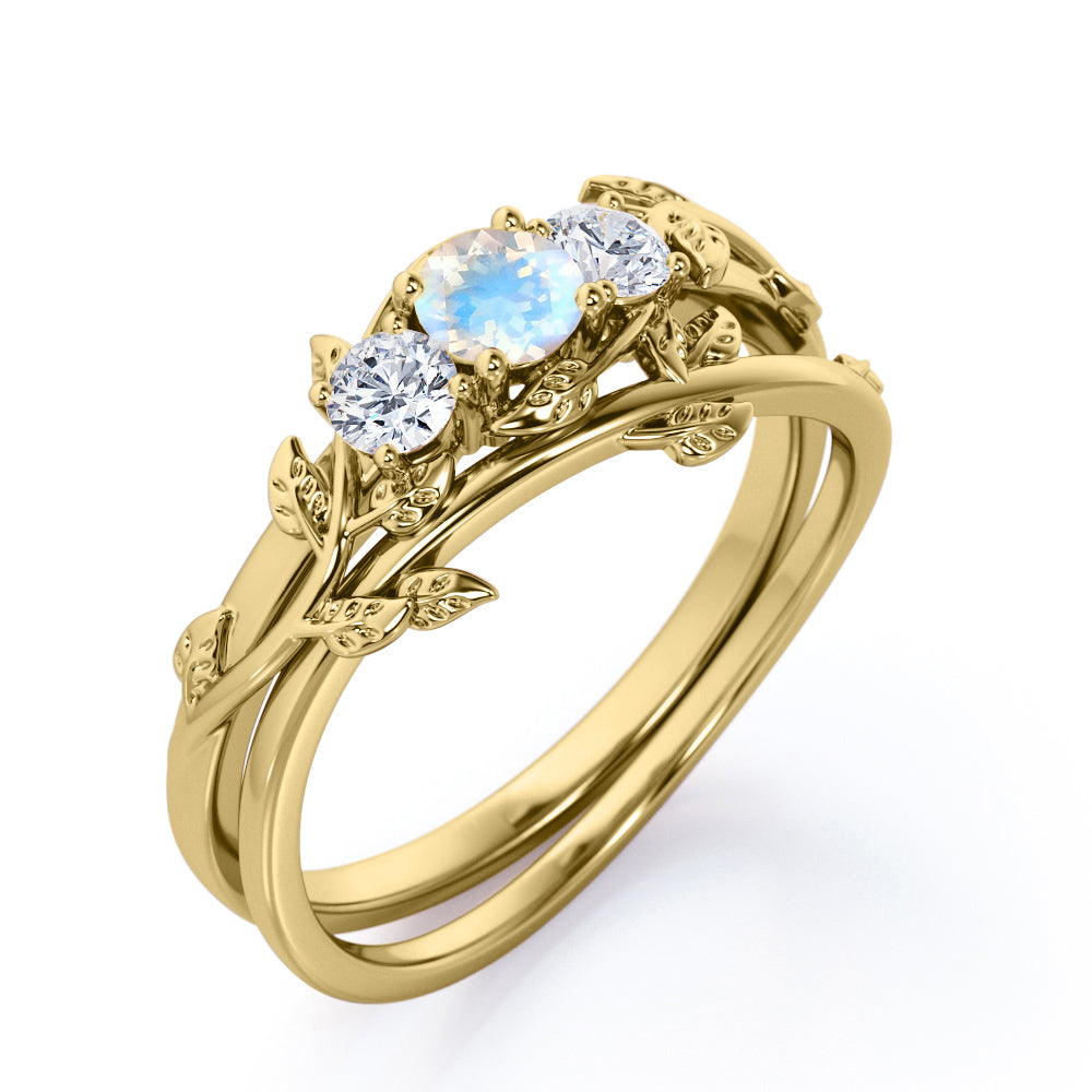 Nature inspired Round cut 0.65 carat Moonstone and diamond Trio stone Bridal ring set for women in gold