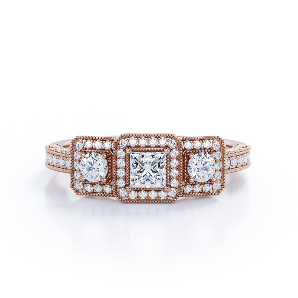 Grandiose three stone 1.55 carat Princess cut Moissanite and diamond vintage art deco Bridal set in White gold