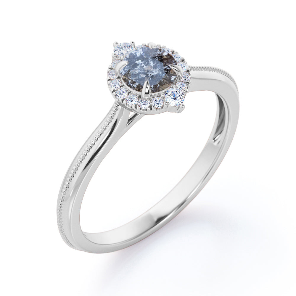 Milgrain Edge 0.55 carat round cut salt and pepper diamond and White diamond artistic halo wedding ring set in White gold