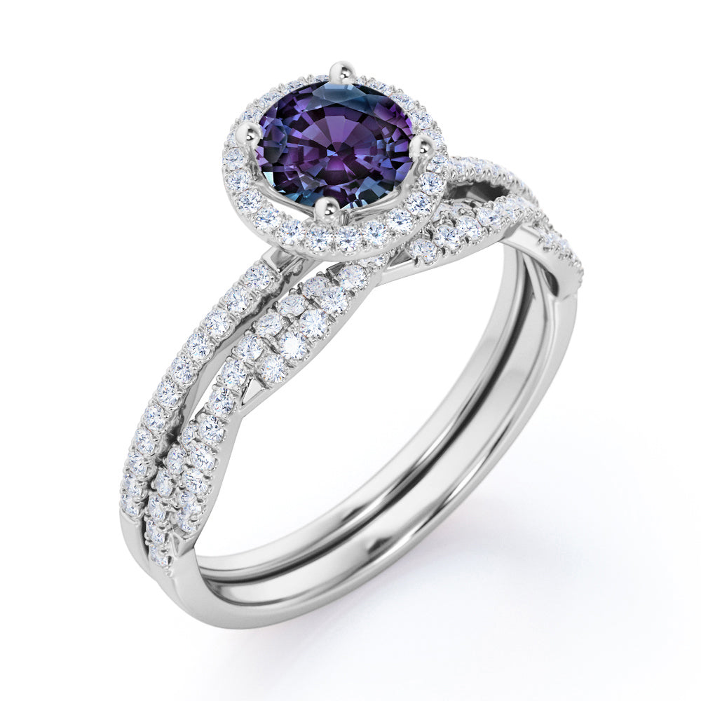 Vintage halo 1.75 carat Round cut lab made Alexandrite and diamond half-infinity wedding ring set in White gold