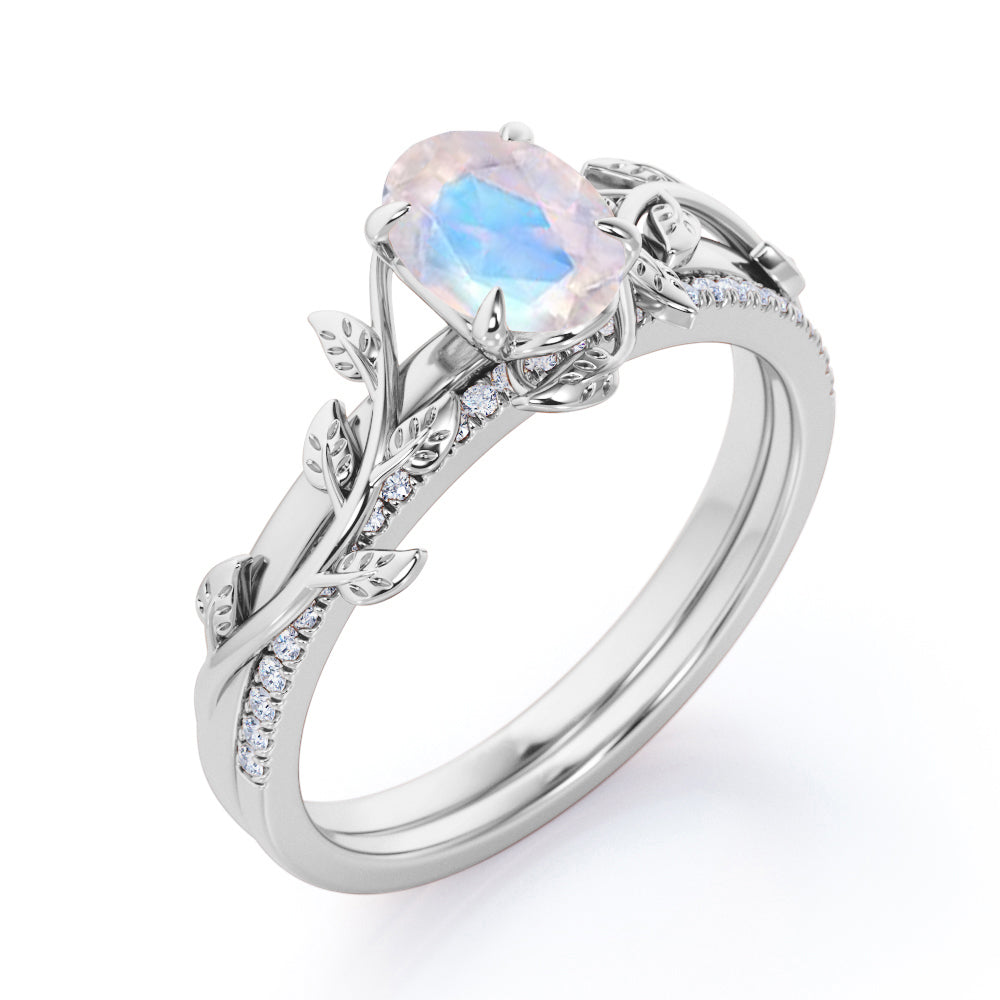 Olive leaf ring inspired Oval cut 1.25 carat Moonstone and diamond Wedding ring set in White gold