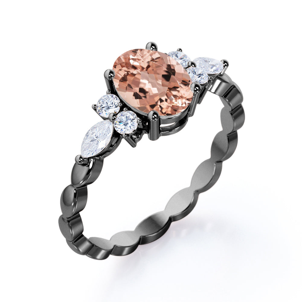 Twisted Bands 1.15 carat Oval shaped Peach Morganite and diamond flower style engagement ring in White gold