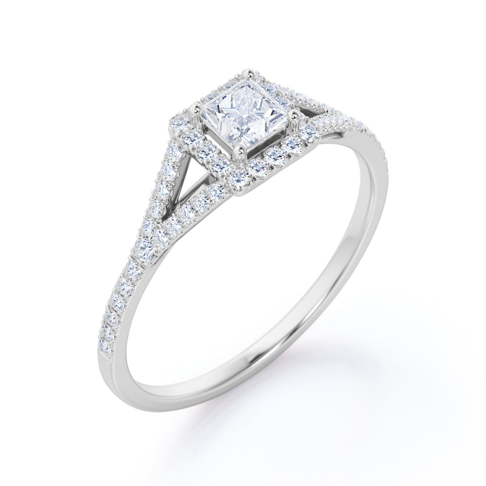 Halo Split shank 0.75 carat Princess cut Moissanite and diamond engagement ring in Rose gold