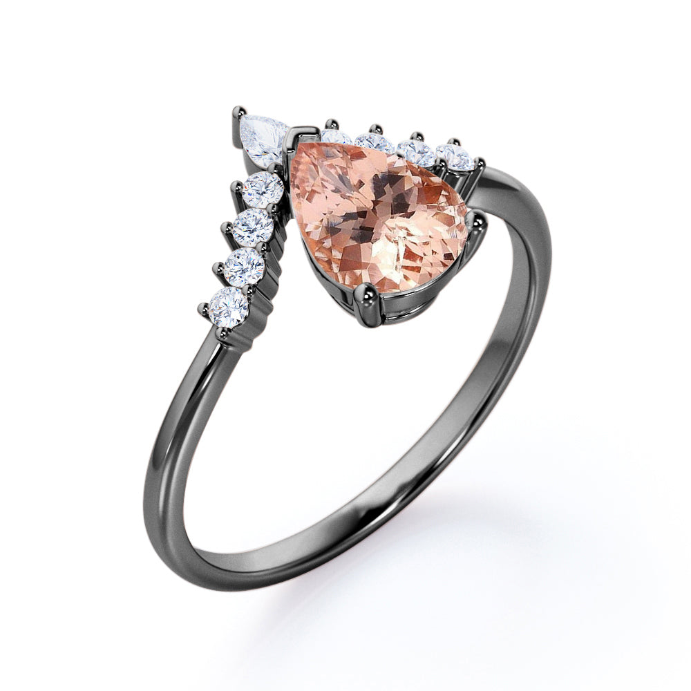 Antique Crown inspired 1.25 carat Pear Shaped Morganite and diamond engagement ring in Rose gold