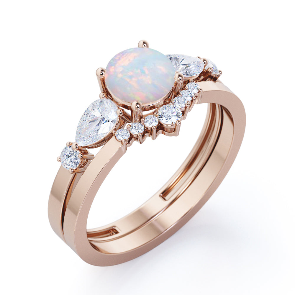 Tiara style 1.4 carat Round cut Opal and diamond beveled shank ring in White gold- Engagement ring for women