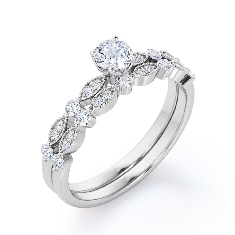 Antique art deco inspired 1 carat Round cut Moissanite and diamond marquise and dot Bridal set for women in Yellow gold