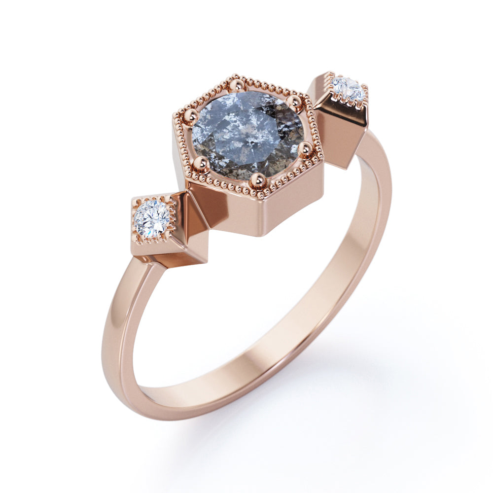Trio Bezel 0.6 carat Round cut Salt and pepper diamond and White diamond milgrain halo engagement ring in yellow gold