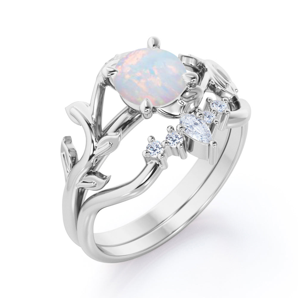 Artistic 1 carat Round cut Australian Opal and diamond crown style engagement ring set for women in Rose gold