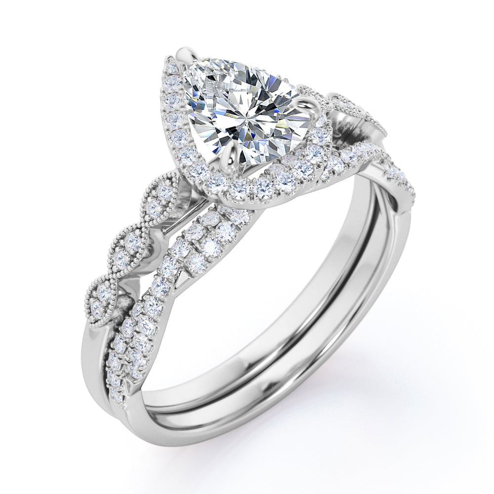 Milgrain Edge 1.60 carat pear shaped moissanite and diamond vintage infinity ring set in White gold- wedding ring set