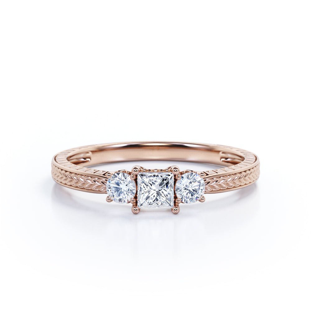Past, Present and Future 1.1 carat Princess cut Moissanite and diamond Basket set - Filigree wedding ring set for women in gold