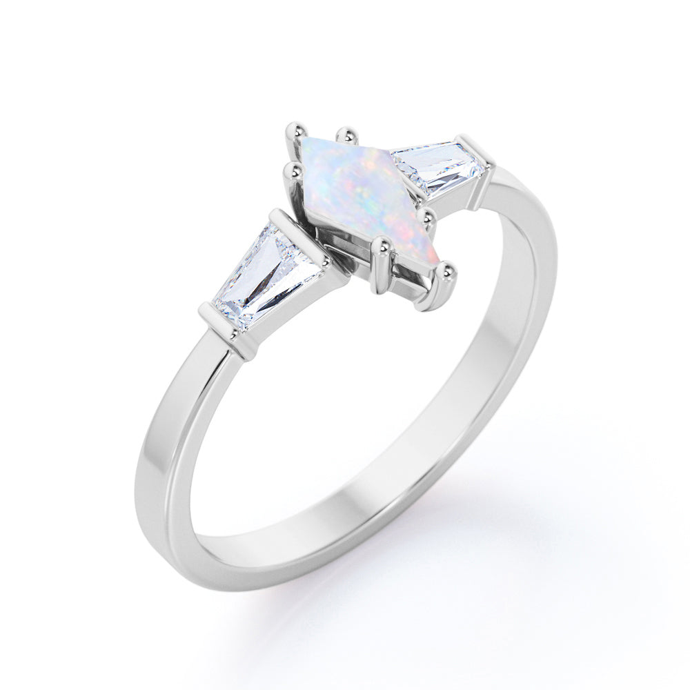 Stylish Trilogy 1.2 carat Kite shaped Ethiopian Opal and diamond-6 prong setting-art deco baguette engagement ring in Black gold