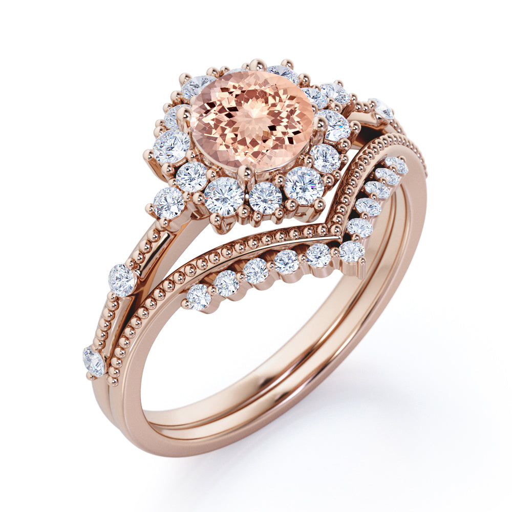 Contoured setting 1.65 carat Round cut Morganite and diamond Snowflake Milgrain Bridal set in Black gold