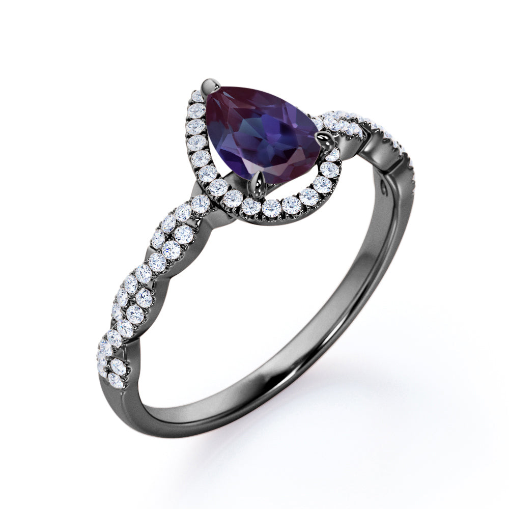 Classic Infinity 1.5 carat Pear shaped Lab made Alexandrite and diamond twisted halo engagement ring in White gold