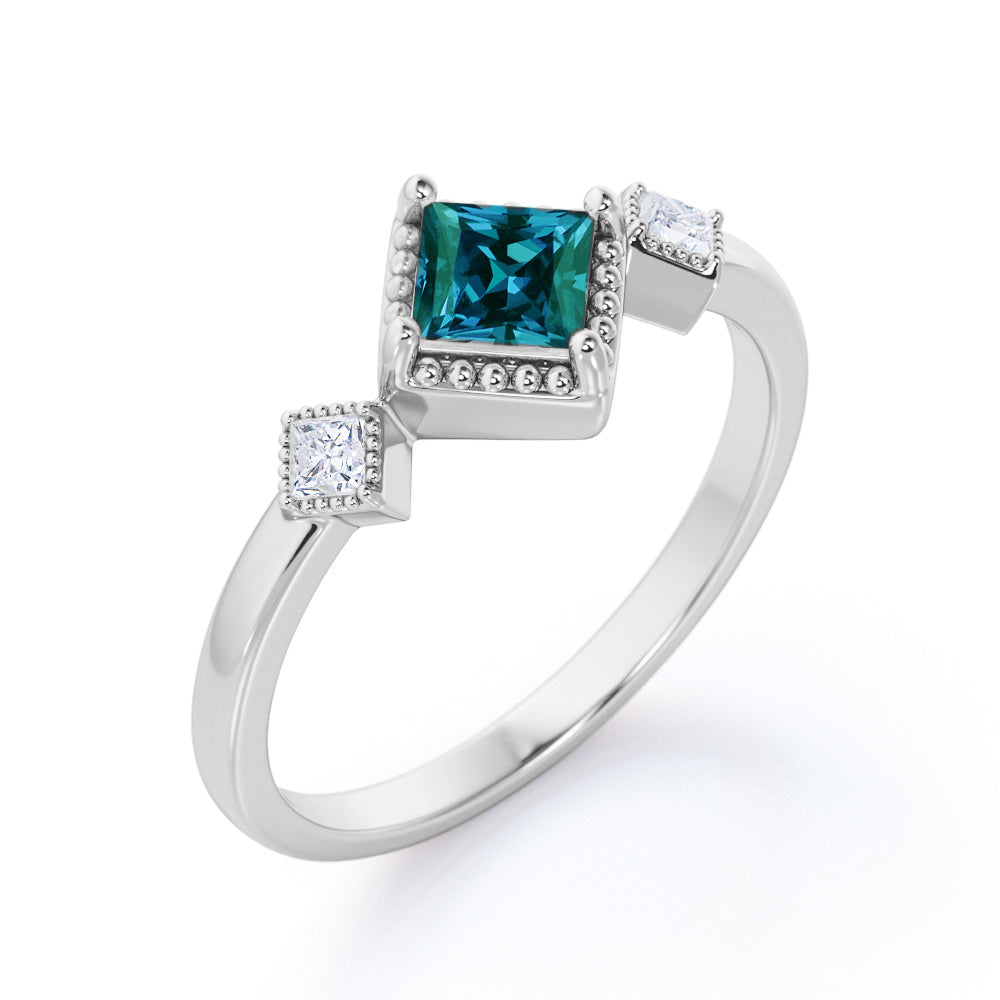 Perfect Bezel set 1 carat Princess cut Milgrain halo Synthetic Alexandrite and diamond 3 stone Engagement ring in White gold