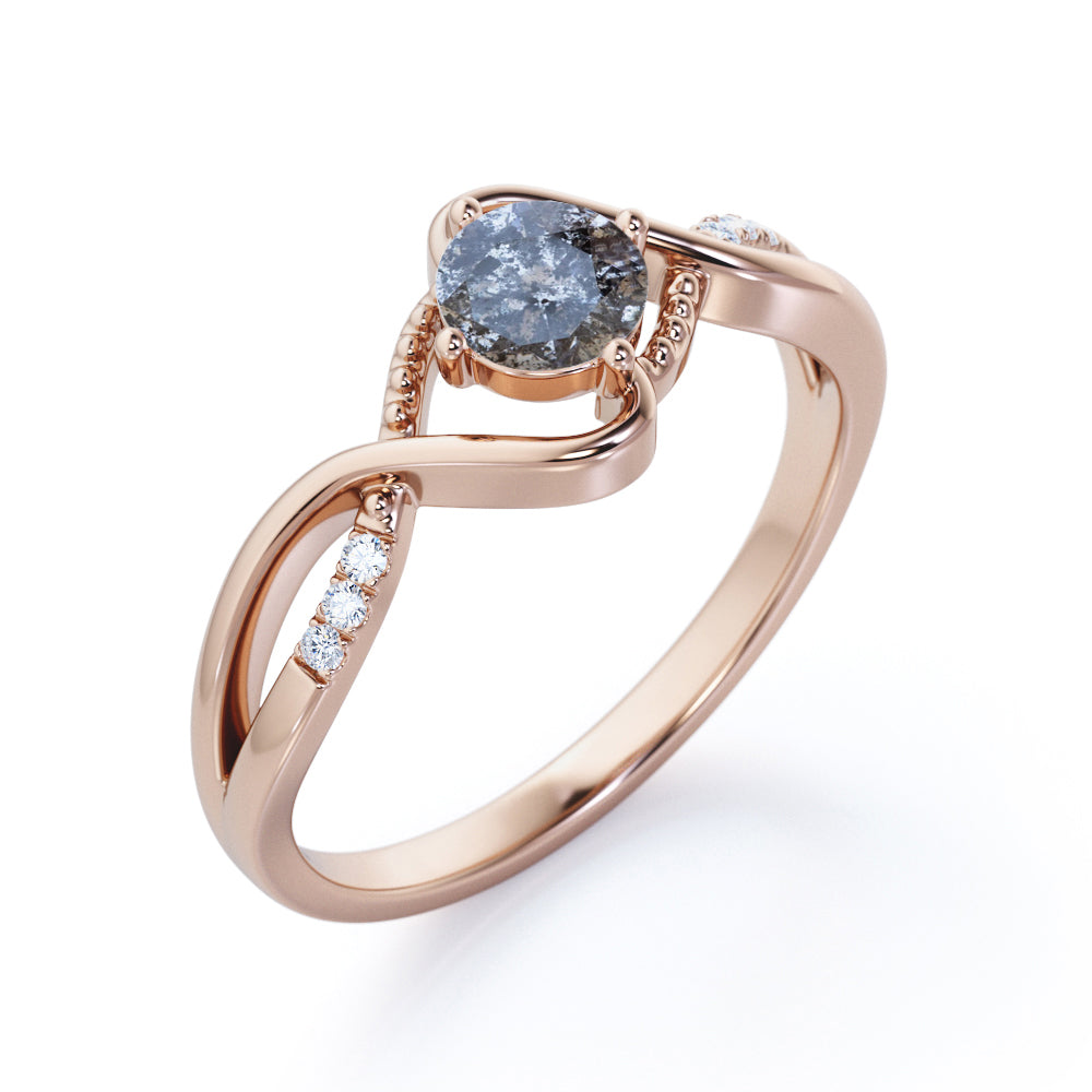 Infinity Milgrain 0.6 carat Round cut Salt and pepper diamond twisted shank engagement ring in White gold