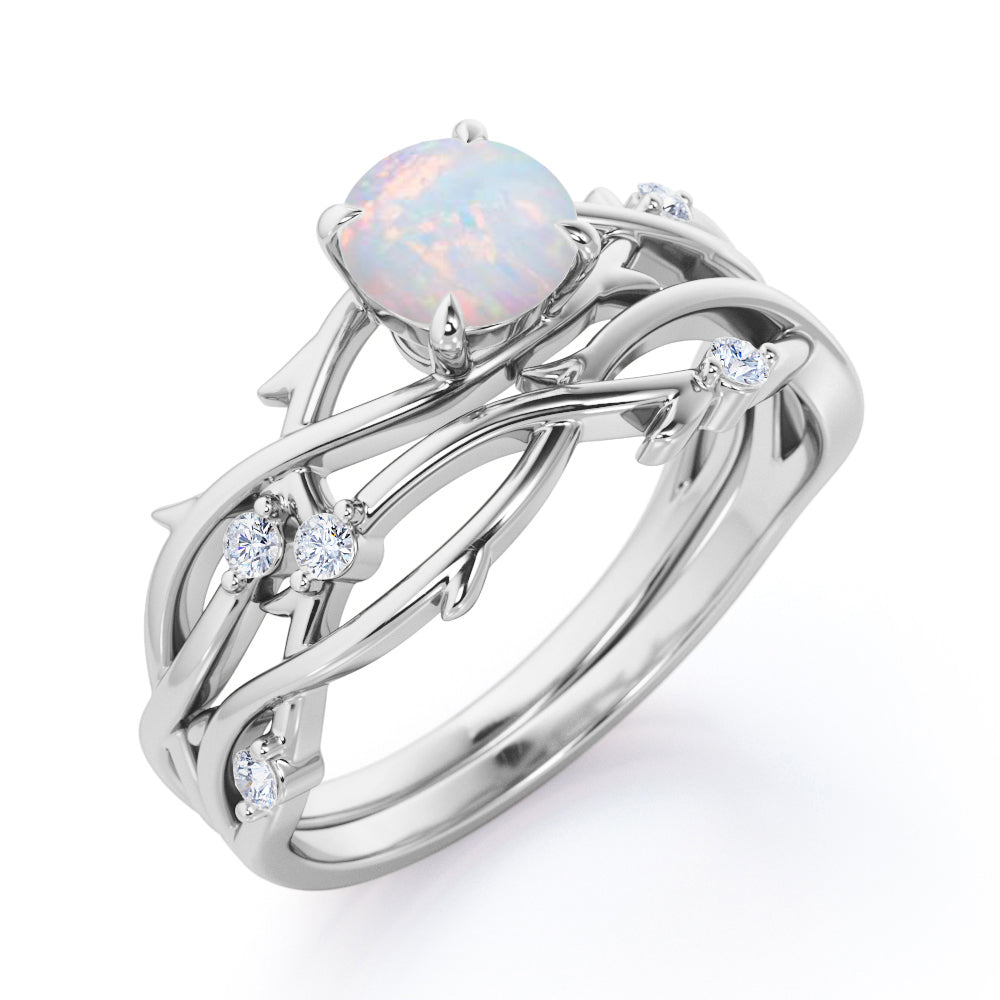 Twisted vine inspired 1 carat Round cut Opal and diamond claw prong wedding ring set for women in Black gold