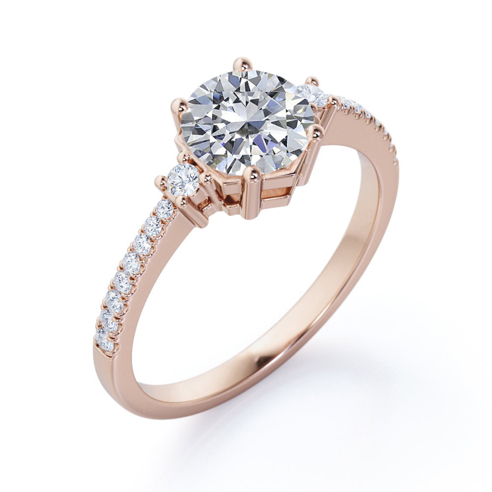 Antique Pave set 1.25 carat Round cut Moissanite and diamond 3 stone engagement ring in White gold