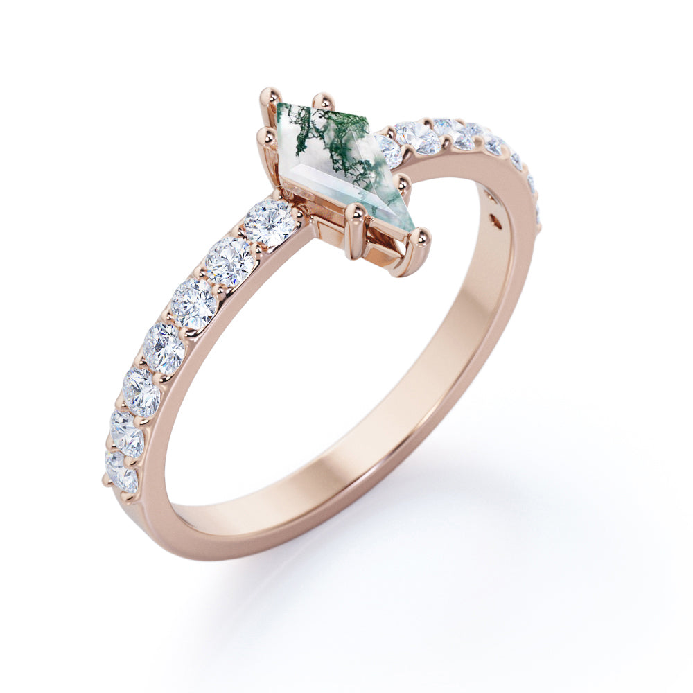 Classic Pave 1.15 carat Kite shaped Moss Agate and diamond 6 prong engagement ring in White gold
