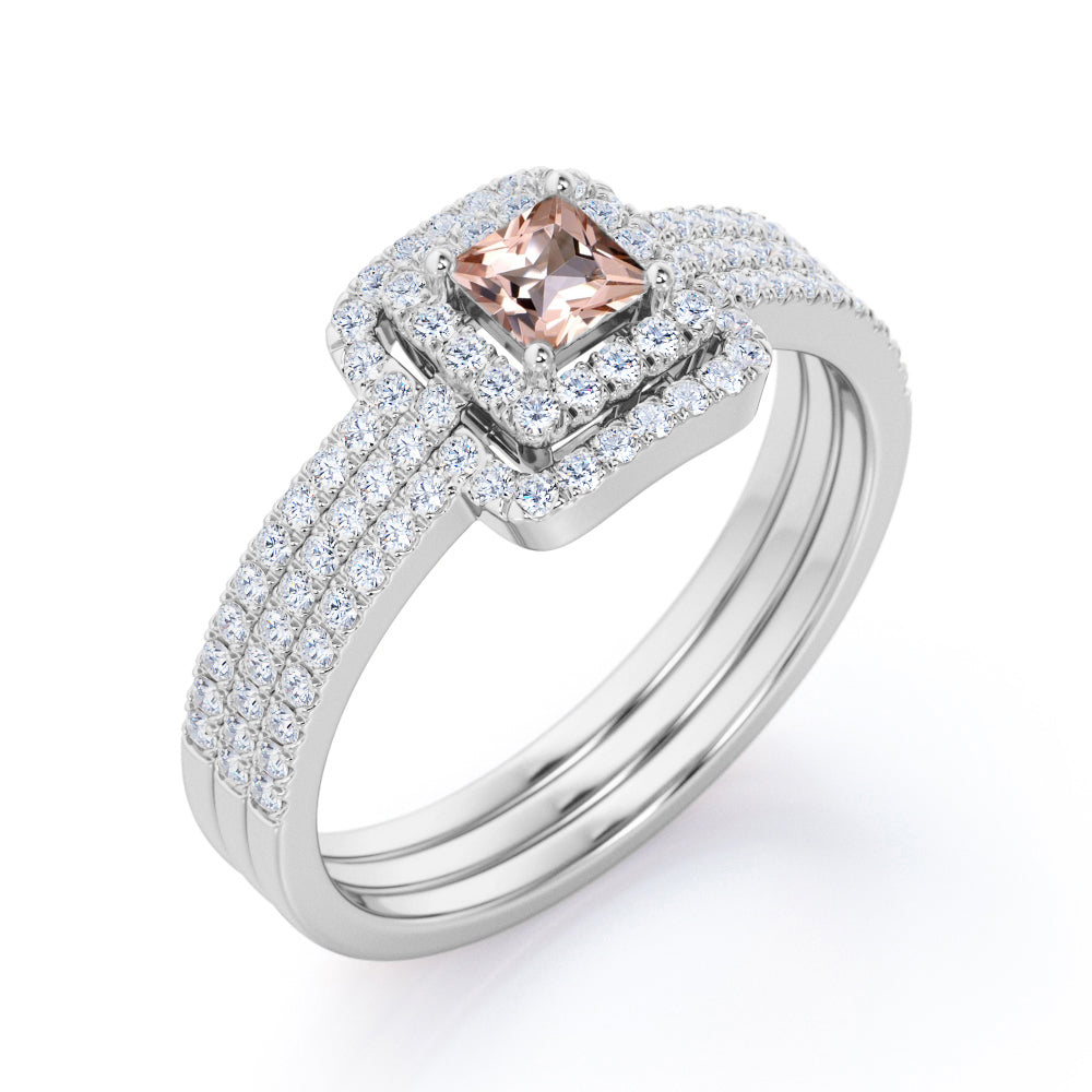 Authentic Antique 1.5 carat Princess cut Peach Pink Morganite and diamond trio wedding ring set for women in Rose gold