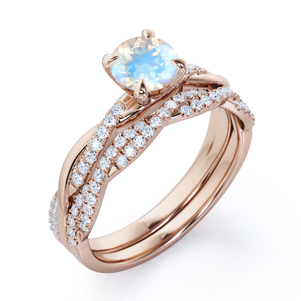 Twisted infinity 1.5 carat Round cut Prong setting Moonstone and diamond Wedding ring set for women in gold