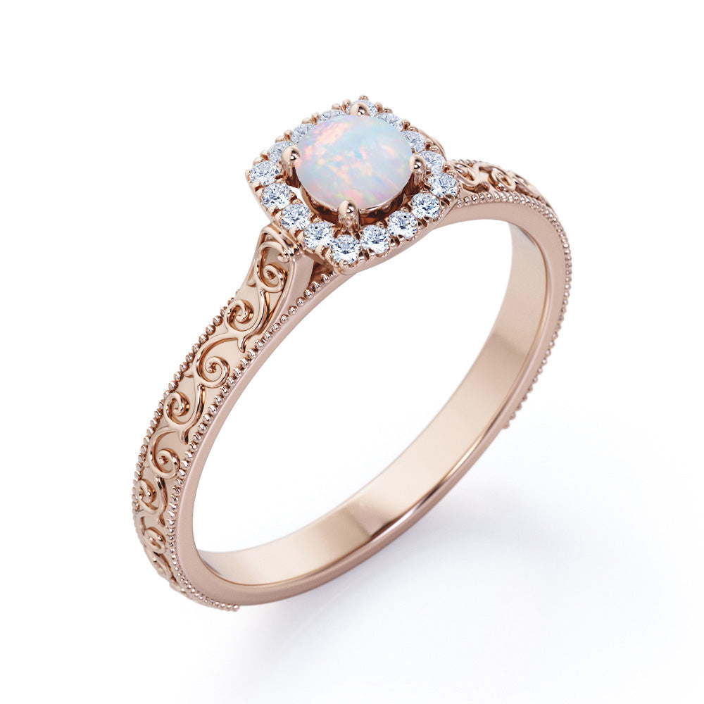 Vintage Halo 0.65 carat Round cut Australian boulder opal and diamond edwardian art deco engagement ring in White gold