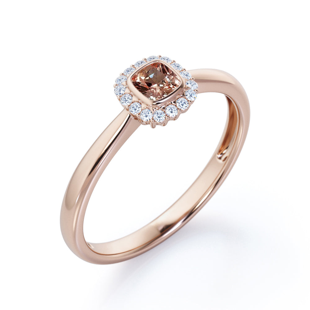 Pinched Shank setting 0.65 carat Cushion cut Morganite and diamond Floral halo engagement ring in White gold