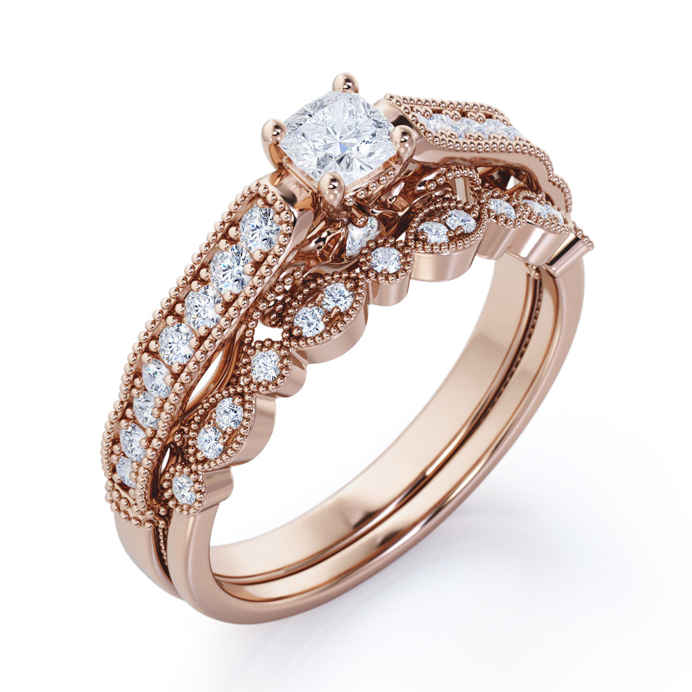 Vintage channel set 1.25 carat Round cut Moissanite and diamond art deco milgrain wedding ring set in white gold