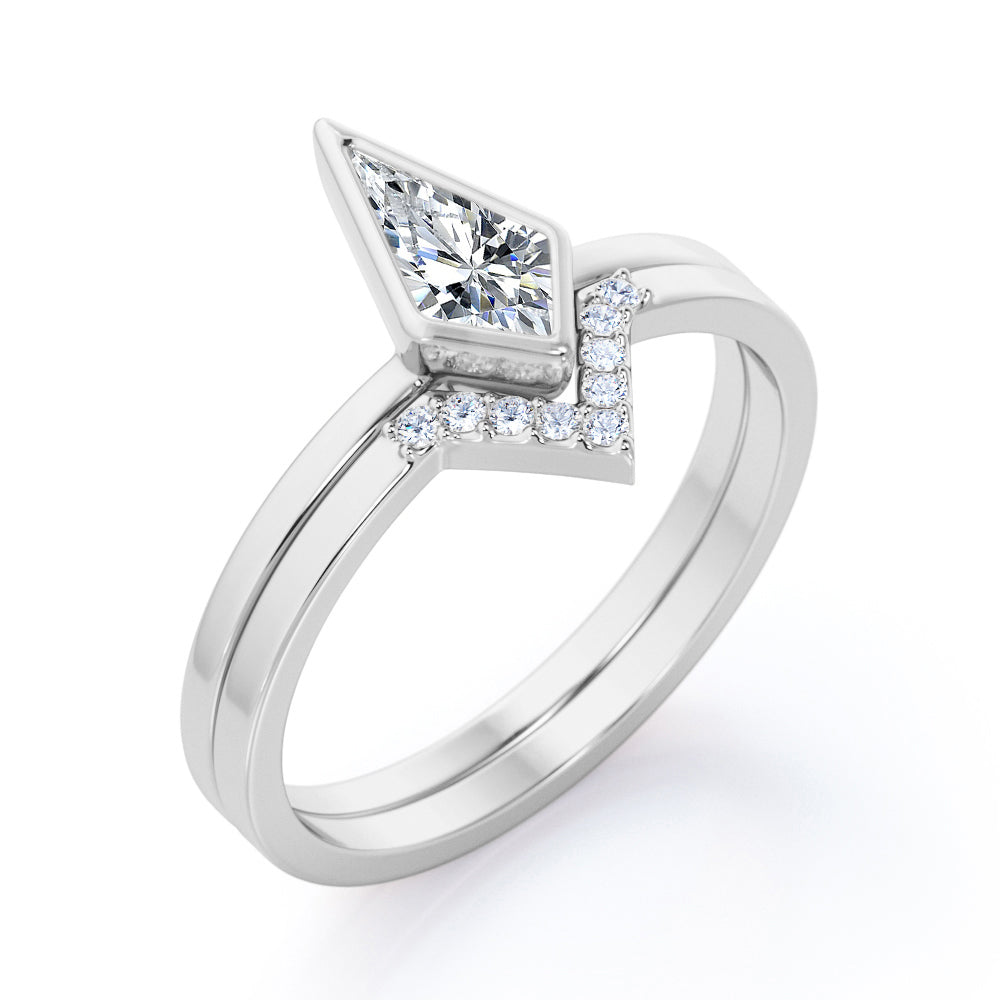 Chevron Bezel 1.1 Carat Kite shaped Moissanite and diamond bridal set for women in White gold