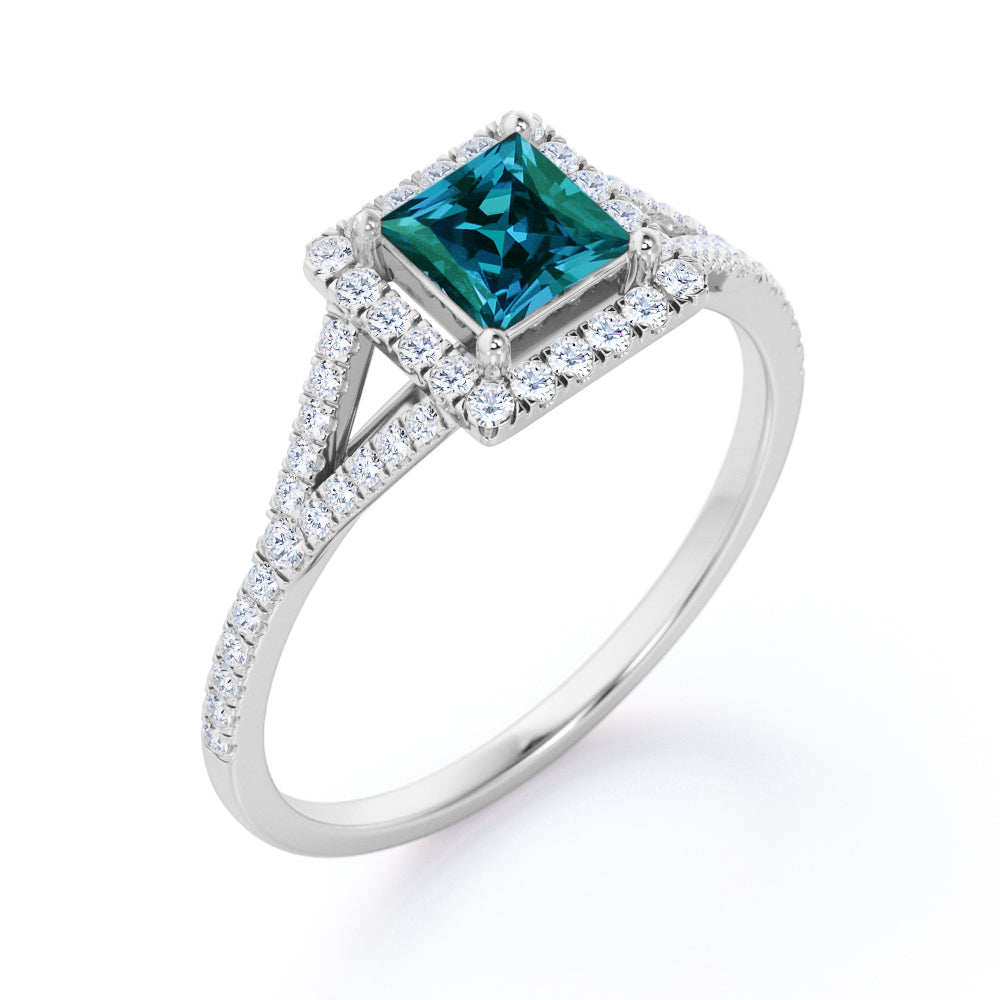 Antique French Pave 1.35 carat Princess cut Synthetic Alexandrite and diamond split shank style engagement ring in Rose gold