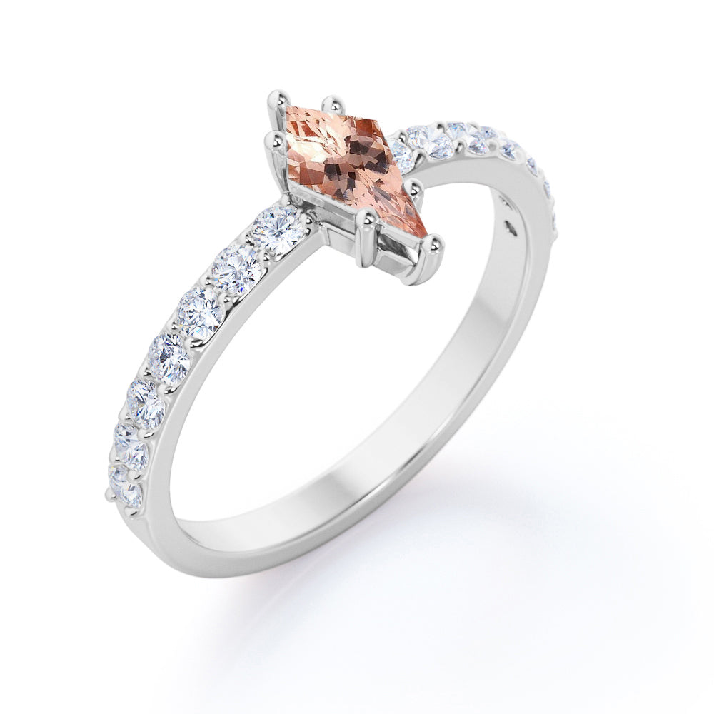 Modern Pave 1.25 carat Kite shaped Pink Morganite and diamond prong style promise ring in Rose gold