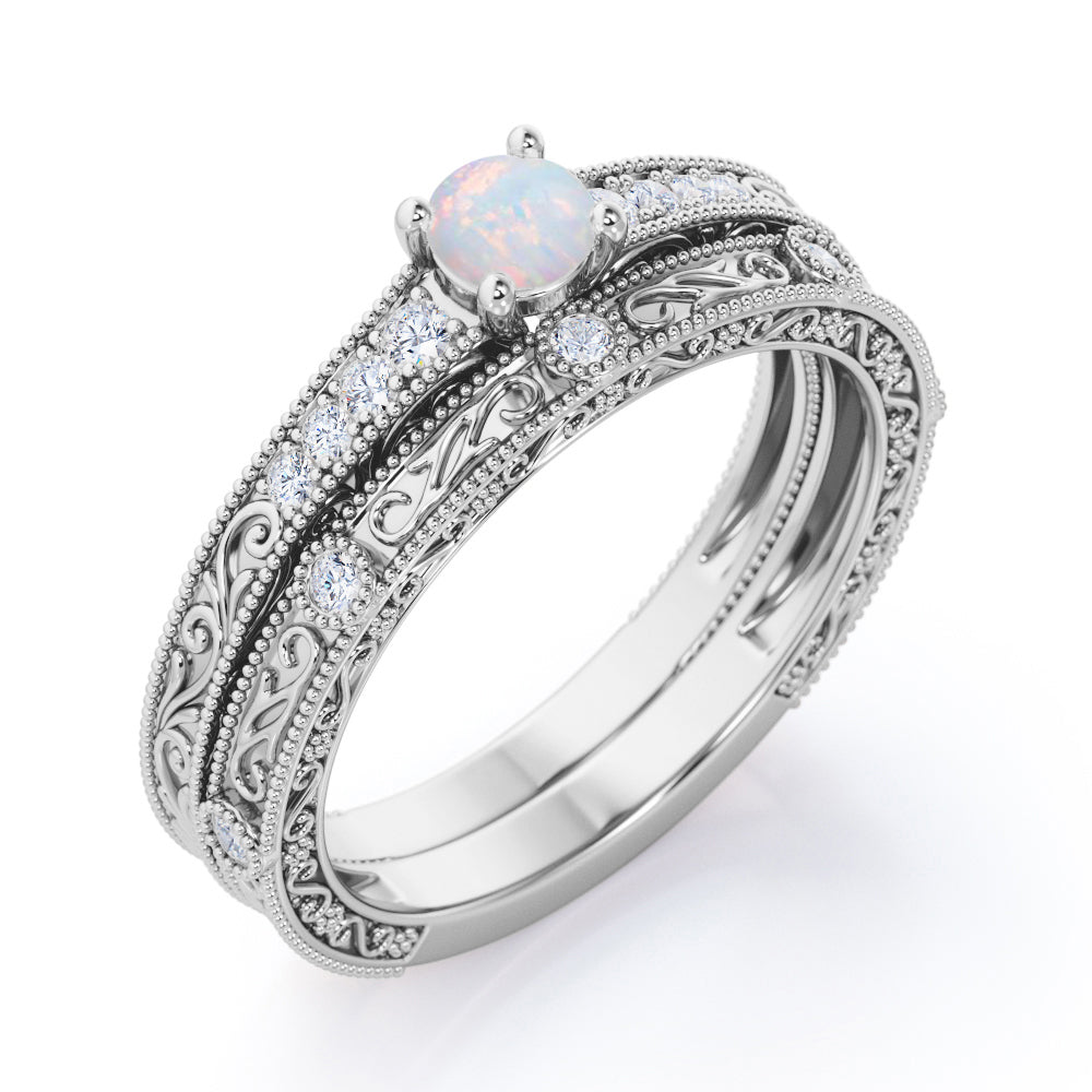 Authentic art deco 0.45 carat Round cut Ethiopian Opal and diamond Edwardian filigree Bridal set in Rose gold