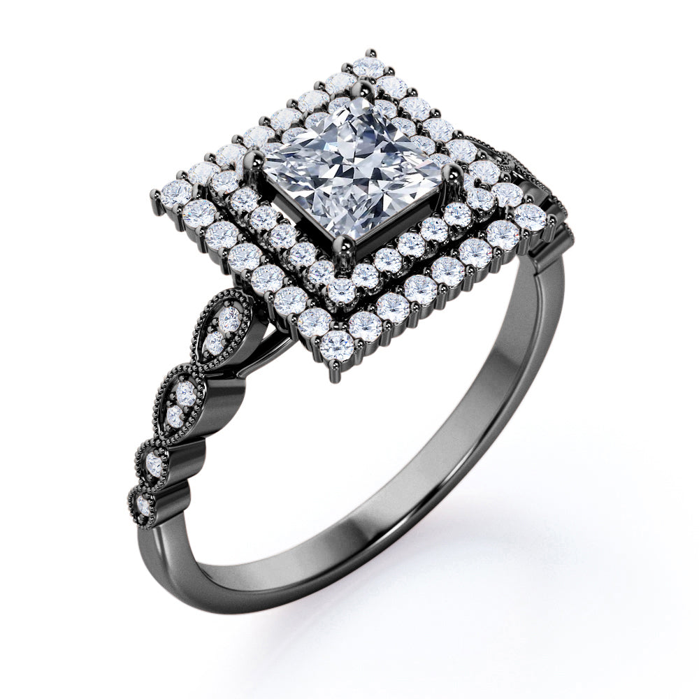Antique inspired 1.75 carat Princess cut Moissanite and diamond double halo engagement ring in White gold