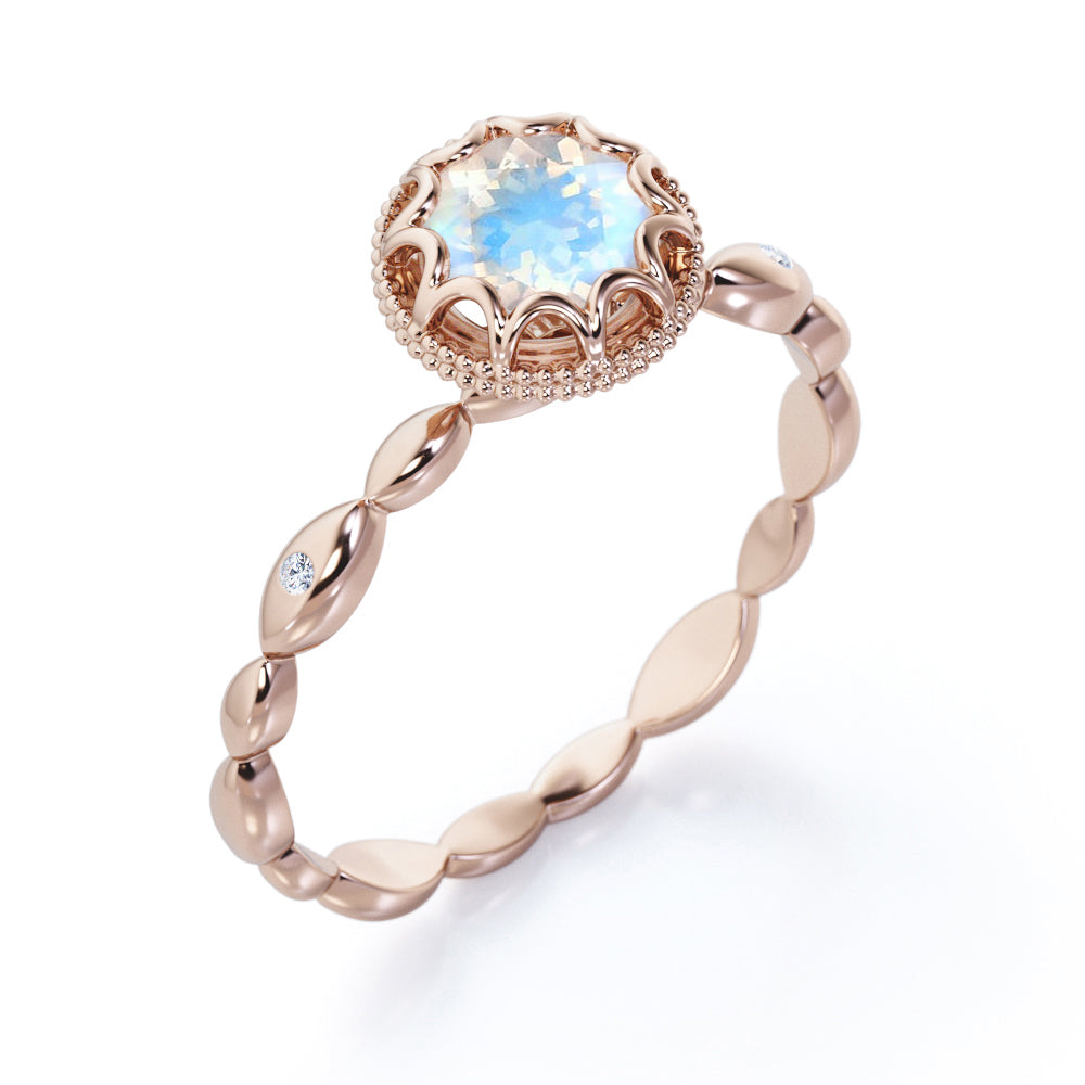 Flower Milgrain Halo 1 carat Round cut Blue Moonstone solitaire infinity engagement ring in White gold