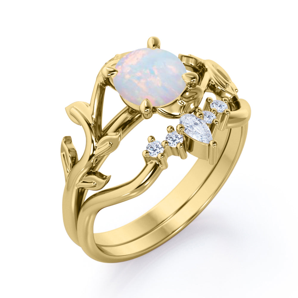 Artistic 1 carat Round cut Australian Opal and diamond crown style engagement ring set for women in Rose gold