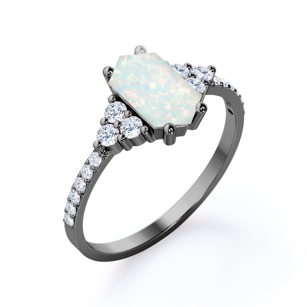 Elongated 1.20 carat Hexagon cut Australian boulder Opal and diamond pave set engagement ring in rose gold