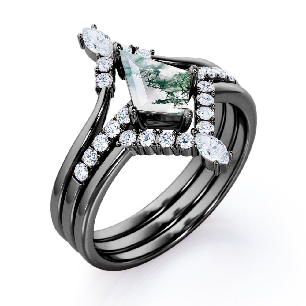 Eccentric Chevron style 1.4 carat Kite shaped Moss Green Agate and diamond trio wedding ring set for women in Rose gold