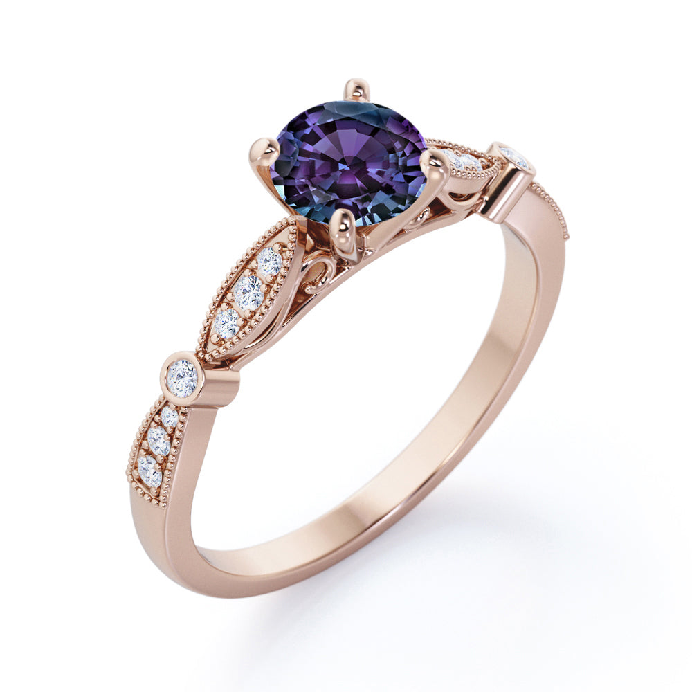 Claw Cathedral setting 1.15 carat Round cut Lab created Alexandrite and diamond art deco engagement ring in White gold