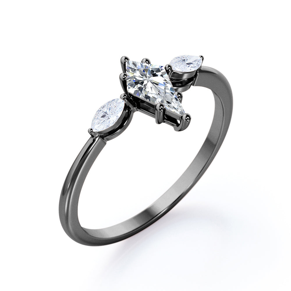 Unique 3 stone 1.1 carat Kite shaped Moissanite and marquise diamonds engagement ring in White gold